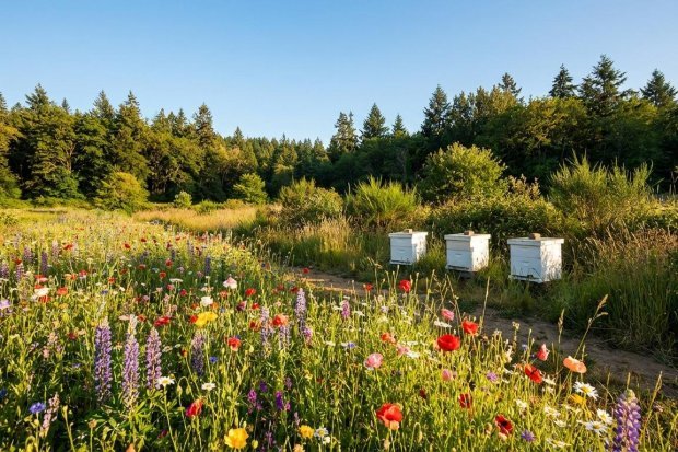 Colorful Flowers and Three Bee Hives